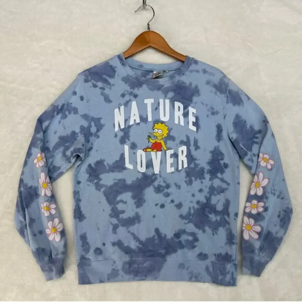 Lisa Simpson Nature Lover Graphic Pullover Sweatshirt Womens MEDIUM Blue Tie-Dye